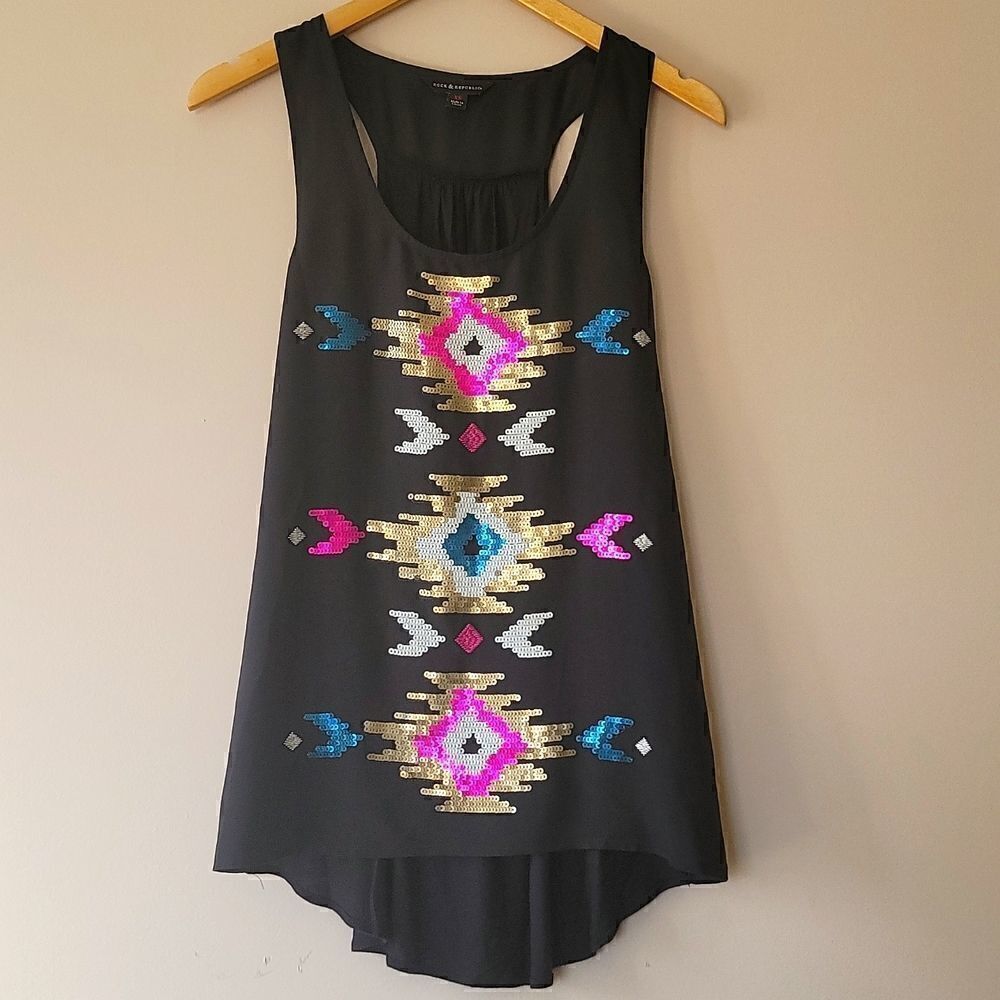 Rock & Republic Women's Black Sleeveless Top with Aztec Sequins - Size XS